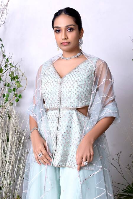 Buy Sunita Bhandari Blue Viscose, Organza, Net Mirrors, Crystals Hand Embroidered Kurta Sharara Set Buy_Sunita Bhandari_Blue Viscose, Organza, Net Mirrors, Crystals Hand Embroidered Kurta Sharara Set