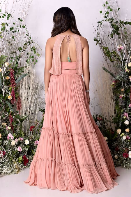 Shop Sunita Bhandari Peach Viscose, Georgette Embroidery Round Neck Tiered Lehenga With Blouse at Aza Fashions Shop_Sunita Bhandari_Peach Viscose, Georgette Embroidery Round Neck Tiered Lehenga With Blouse _at_Aza_Fashions