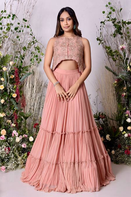 Sunita Bhandari Peach Viscose, Georgette Embroidery Round Neck Tiered Lehenga With Blouse Online at Aza Fashions Sunita Bhandari_Peach Viscose, Georgette Embroidery Round Neck Tiered Lehenga With Blouse _Online_at_Aza_Fashions