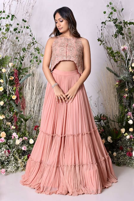 Buy Sunita Bhandari Peach Viscose, Georgette Embroidery Round Neck Tiered Lehenga With Blouse Online at Aza Fashions Buy_Sunita Bhandari_Peach Viscose, Georgette Embroidery Round Neck Tiered Lehenga With Blouse _Online_at_Aza_Fashions