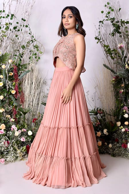 Shop Sunita Bhandari Peach Viscose, Georgette Embroidery Round Neck Tiered Lehenga With Blouse Online at Aza Fashions Shop_Sunita Bhandari_Peach Viscose, Georgette Embroidery Round Neck Tiered Lehenga With Blouse _Online_at_Aza_Fashions