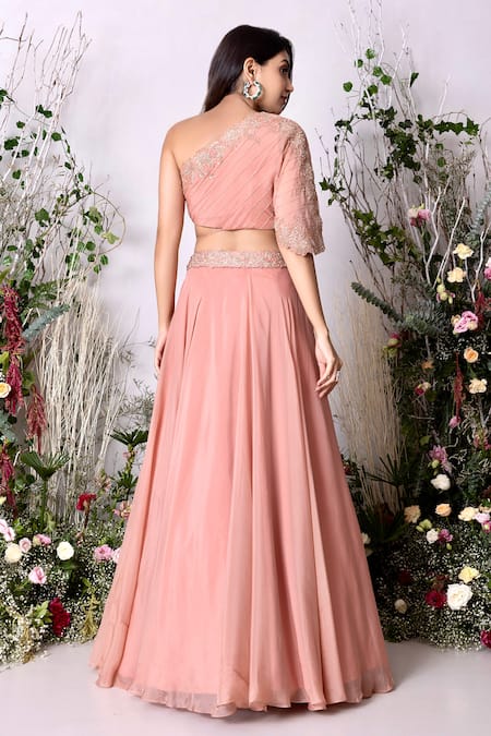 Shop Sunita Bhandari Peach Viscose, Organza Embroidery Asymmetric Lehenga With Hand Blouse at Aza Fashions Shop_Sunita Bhandari_Peach Viscose, Organza Embroidery Asymmetric Lehenga With Hand Blouse _at_Aza_Fashions