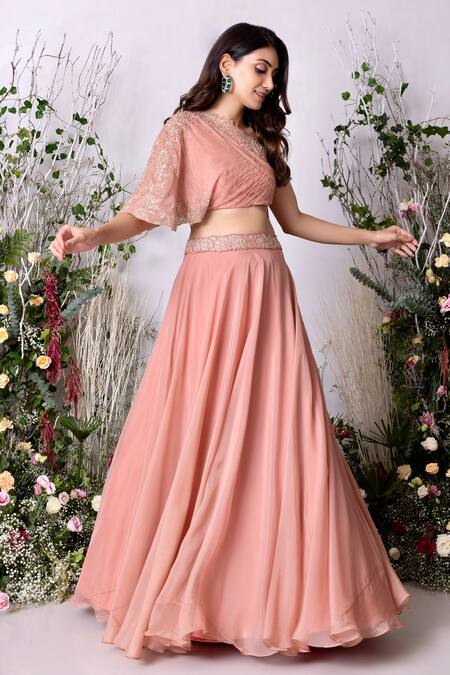 Sunita Bhandari Peach Viscose, Organza Embroidery Asymmetric Lehenga With Hand Blouse Online at Aza Fashions Sunita Bhandari_Peach Viscose, Organza Embroidery Asymmetric Lehenga With Hand Blouse _Online_at_Aza_Fashions