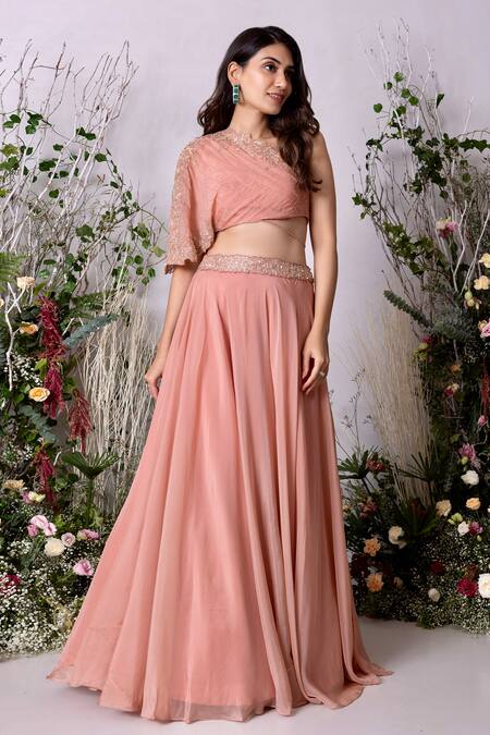 Buy Sunita Bhandari Peach Viscose, Organza Embroidery Asymmetric Lehenga With Hand Blouse Online at Aza Fashions Buy_Sunita Bhandari_Peach Viscose, Organza Embroidery Asymmetric Lehenga With Hand Blouse _Online_at_Aza_Fashions