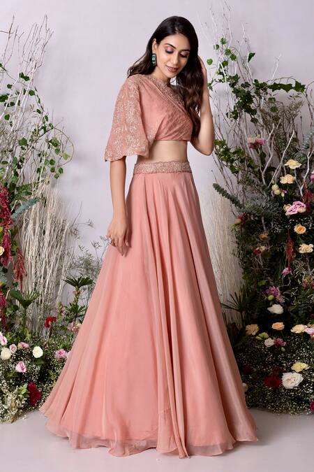 Shop Sunita Bhandari Peach Viscose, Organza Embroidery Asymmetric Lehenga With Hand Blouse Online at Aza Fashions Shop_Sunita Bhandari_Peach Viscose, Organza Embroidery Asymmetric Lehenga With Hand Blouse _Online_at_Aza_Fashions