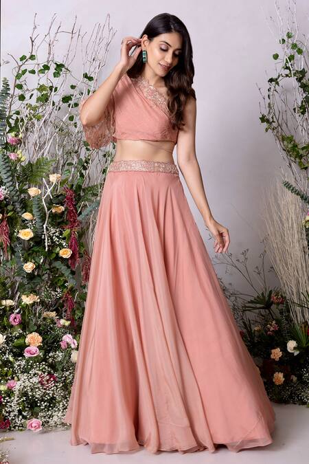 Sunita Bhandari Peach Viscose, Organza Embroidery Asymmetric Lehenga With Hand Blouse at Aza Fashions Sunita Bhandari_Peach Viscose, Organza Embroidery Asymmetric Lehenga With Hand Blouse _at_Aza_Fashions