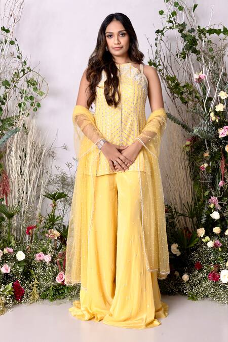 Sunita Bhandari_Yellow Net, Viscose Mirrors, Embroidery Boat Neck Work Kurta Sharara Set _Online_at_Aza_Fashions