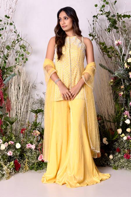 Buy_Sunita Bhandari_Yellow Net, Viscose Mirrors, Embroidery Boat Neck Work Kurta Sharara Set _Online_at_Aza_Fashions