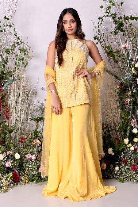 Shop_Sunita Bhandari_Yellow Net, Viscose Mirrors, Embroidery Boat Neck Work Kurta Sharara Set _Online_at_Aza_Fashions