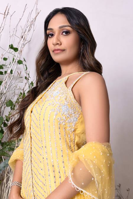 Sunita Bhandari_Yellow Net, Viscose Mirrors, Embroidery Boat Neck Work Kurta Sharara Set _at_Aza_Fashions