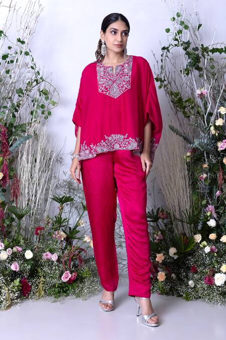 Sunita Bhandari_Pink Viscose Sequins Round Neck Hand Embroidered Kaftan With Pant _Online_at_Aza_Fashions