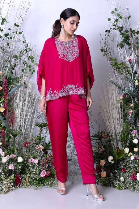 Buy_Sunita Bhandari_Pink Viscose Sequins Round Neck Hand Embroidered Kaftan With Pant _Online_at_Aza_Fashions