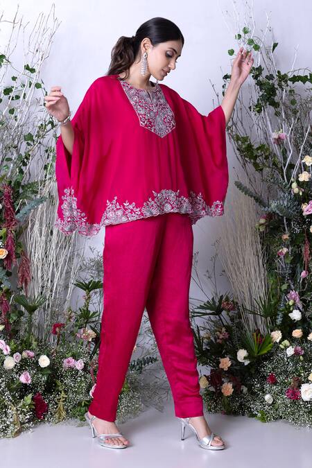 Shop_Sunita Bhandari_Pink Viscose Sequins Round Neck Hand Embroidered Kaftan With Pant _Online_at_Aza_Fashions