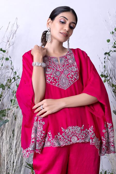 Sunita Bhandari_Pink Viscose Sequins Round Neck Hand Embroidered Kaftan With Pant _at_Aza_Fashions