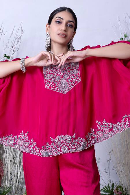 Buy_Sunita Bhandari_Pink Viscose Sequins Round Neck Hand Embroidered Kaftan With Pant 