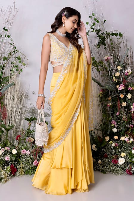 Lime Yellow Georgette Glass Beads Embellished Pre-Draped Lehenga Saree Set  Design by KIYOHRA at Pernia's Pop Up Shop 2024