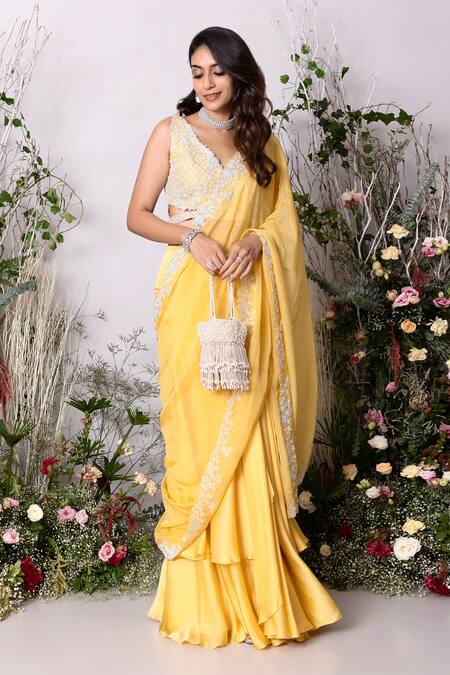 Shop_Sunita Bhandari_Yellow Satin, Organza, Viscose Pre-draped Lehenga Saree With Hand Blouse _Online_at_Aza_Fashions