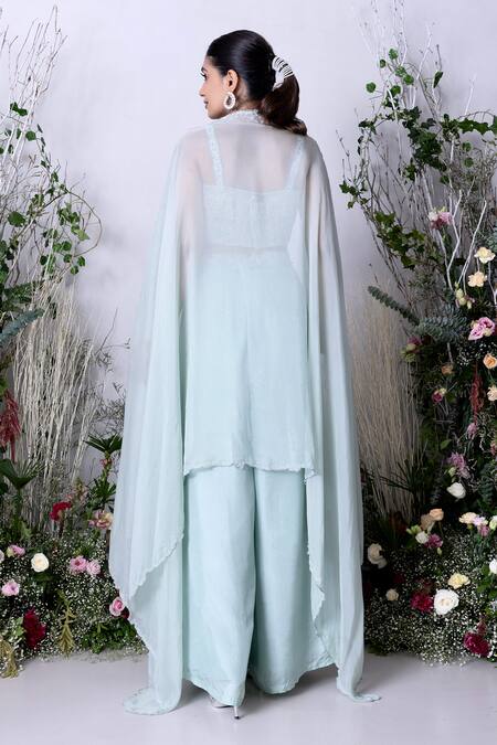 Shop Sunita Bhandari Blue Viscose, Organza, Net, Silk Sequins, Beads, Placement Hand Cape Pant Set at Aza Fashions Shop_Sunita Bhandari_Blue Viscose, Organza, Net, Silk Sequins, Beads, Placement Hand Cape Pant Set _at_Aza_Fashions