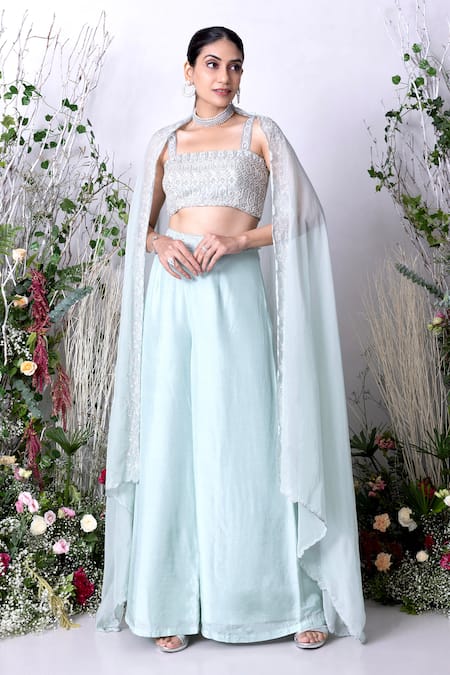 Buy Sunita Bhandari Blue Viscose, Organza, Net, Silk Sequins, Beads, Placement Hand Cape Pant Set Online at Aza Fashions Buy_Sunita Bhandari_Blue Viscose, Organza, Net, Silk Sequins, Beads, Placement Hand Cape Pant Set _Online_at_Aza_Fashions