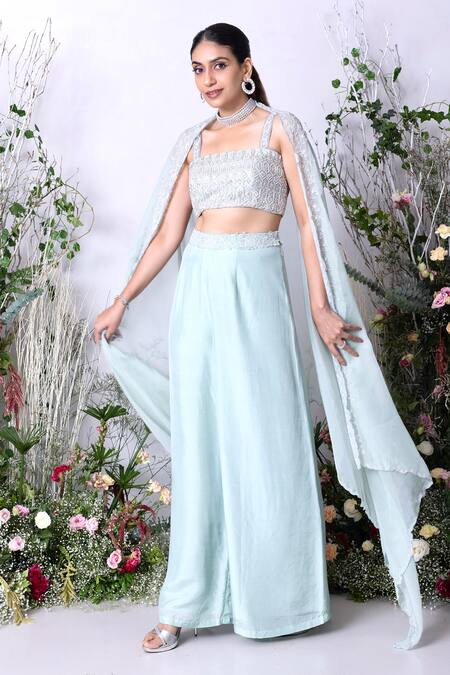 Shop Sunita Bhandari Blue Viscose, Organza, Net, Silk Sequins, Beads, Placement Hand Cape Pant Set Online at Aza Fashions Shop_Sunita Bhandari_Blue Viscose, Organza, Net, Silk Sequins, Beads, Placement Hand Cape Pant Set _Online_at_Aza_Fashions
