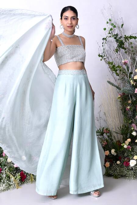 Sunita Bhandari Blue Viscose, Organza, Net, Silk Sequins, Beads, Placement Hand Cape Pant Set at Aza Fashions Sunita Bhandari_Blue Viscose, Organza, Net, Silk Sequins, Beads, Placement Hand Cape Pant Set _at_Aza_Fashions