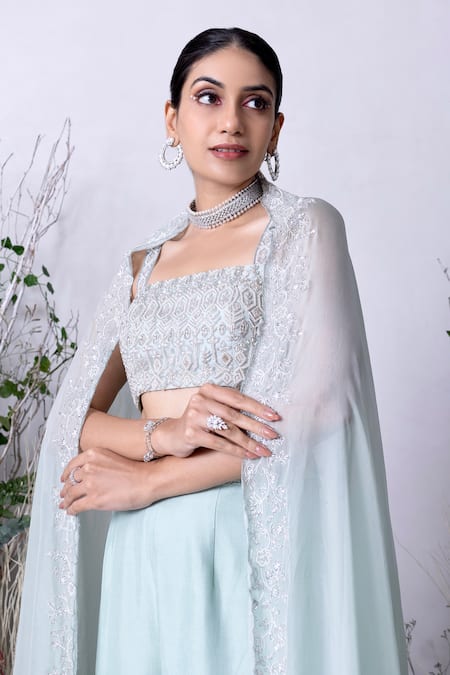 Buy Sunita Bhandari Blue Viscose, Organza, Net, Silk Sequins, Beads, Placement Hand Cape Pant Set Buy_Sunita Bhandari_Blue Viscose, Organza, Net, Silk Sequins, Beads, Placement Hand Cape Pant Set