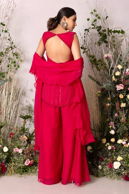 Shop Sunita Bhandari Pink Viscose, Organza Embroidery, Sequins, Hand Asymmetric Kurta Sharara Set at Aza Fashions Shop_Sunita Bhandari_Pink Viscose, Organza Embroidery, Sequins, Hand Asymmetric Kurta Sharara Set _at_Aza_Fashions