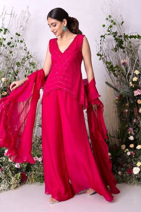 Buy Sunita Bhandari Pink Viscose, Organza Embroidery, Sequins, Hand Asymmetric Kurta Sharara Set Online at Aza Fashions Buy_Sunita Bhandari_Pink Viscose, Organza Embroidery, Sequins, Hand Asymmetric Kurta Sharara Set _Online_at_Aza_Fashions