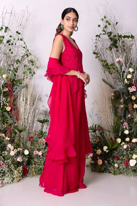 Shop Sunita Bhandari Pink Viscose, Organza Embroidery, Sequins, Hand Asymmetric Kurta Sharara Set Online at Aza Fashions Shop_Sunita Bhandari_Pink Viscose, Organza Embroidery, Sequins, Hand Asymmetric Kurta Sharara Set _Online_at_Aza_Fashions