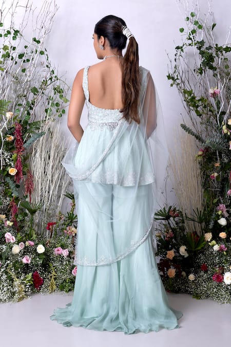 Shop Sunita Bhandari Blue Viscose, Organza Crystals, Flower Hand Embroidered Kurta Sharara Set at Aza Fashions Shop_Sunita Bhandari_Blue Viscose, Organza Crystals, Flower Hand Embroidered Kurta Sharara Set _at_Aza_Fashions