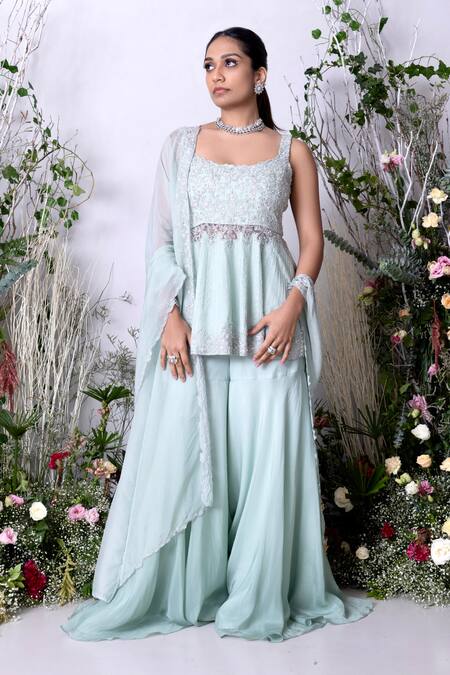 Sunita Bhandari Blue Viscose, Organza Crystals, Flower Hand Embroidered Kurta Sharara Set Online at Aza Fashions Sunita Bhandari_Blue Viscose, Organza Crystals, Flower Hand Embroidered Kurta Sharara Set _Online_at_Aza_Fashions