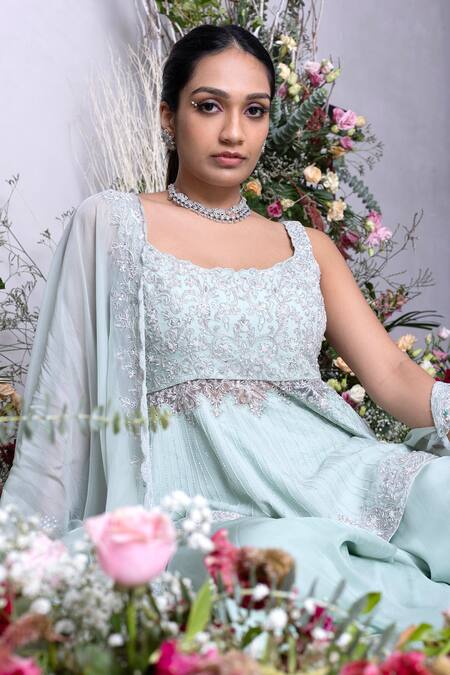 Shop Sunita Bhandari Blue Viscose, Organza Crystals, Flower Hand Embroidered Kurta Sharara Set Online at Aza Fashions Shop_Sunita Bhandari_Blue Viscose, Organza Crystals, Flower Hand Embroidered Kurta Sharara Set _Online_at_Aza_Fashions
