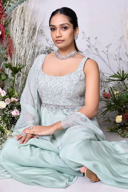 Sunita Bhandari Blue Viscose, Organza Crystals, Flower Hand Embroidered Kurta Sharara Set at Aza Fashions Sunita Bhandari_Blue Viscose, Organza Crystals, Flower Hand Embroidered Kurta Sharara Set _at_Aza_Fashions