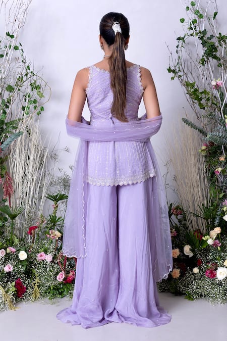 Shop Sunita Bhandari Purple Net, Viscose, Organza Crystals, Hand Embroidered Short Kurta Sharara Set at Aza Fashions Shop_Sunita Bhandari_Purple Net, Viscose, Organza Crystals, Hand Embroidered Short Kurta Sharara Set _at_Aza_Fashions