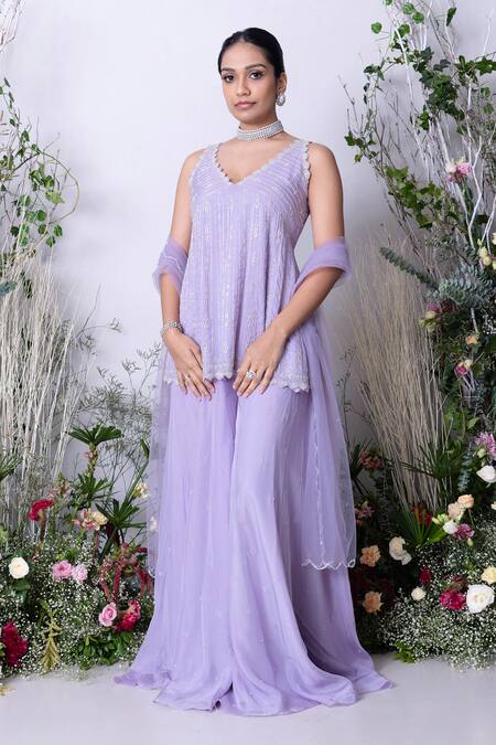 Sunita Bhandari Purple Net, Viscose, Organza Crystals, Hand Embroidered Short Kurta Sharara Set Online at Aza Fashions Sunita Bhandari_Purple Net, Viscose, Organza Crystals, Hand Embroidered Short Kurta Sharara Set _Online_at_Aza_Fashions