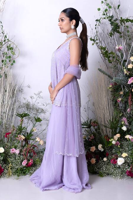 Buy Sunita Bhandari Purple Net, Viscose, Organza Crystals, Hand Embroidered Short Kurta Sharara Set Online at Aza Fashions Buy_Sunita Bhandari_Purple Net, Viscose, Organza Crystals, Hand Embroidered Short Kurta Sharara Set _Online_at_Aza_Fashions