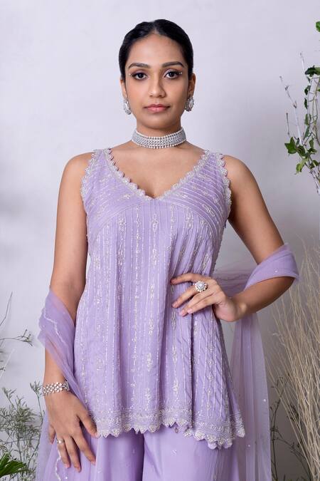 Sunita Bhandari Purple Net, Viscose, Organza Crystals, Hand Embroidered Short Kurta Sharara Set at Aza Fashions Sunita Bhandari_Purple Net, Viscose, Organza Crystals, Hand Embroidered Short Kurta Sharara Set _at_Aza_Fashions
