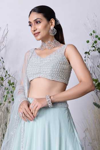 Sunita Bhandari Blue Net, Viscose, Organza Sequins, Beads, Layered Lehenga Blouse Set at Aza Fashions Sunita Bhandari_Blue Net, Viscose, Organza Sequins, Beads, Layered Lehenga Blouse Set _at_Aza_Fashions