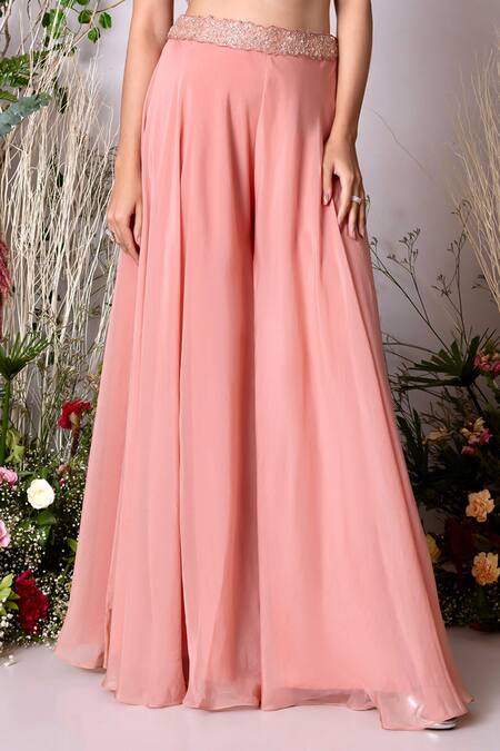 Buy_Sunita Bhandari_Peach Viscose, Crepe, Organza Embroidery Square Neck Hand Jacket Sharara Set _Online_at_Aza_Fashions