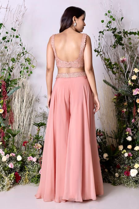 Sunita Bhandari_Peach Viscose, Crepe, Organza Embroidery Square Neck Hand Jacket Sharara Set _at_Aza_Fashions