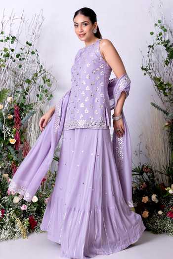 Buy Sunita Bhandari Purple Viscose, Organza Mirrors, Embroidery Round Floral Kurta Sharara Set Online at Aza Fashions Buy_Sunita Bhandari_Purple Viscose, Organza Mirrors, Embroidery Round Floral Kurta Sharara Set _Online_at_Aza_Fashions