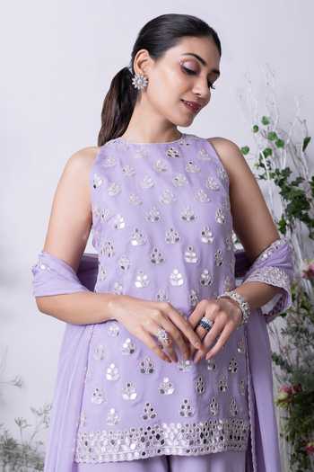 Shop Sunita Bhandari Purple Viscose, Organza Mirrors, Embroidery Round Floral Kurta Sharara Set Online at Aza Fashions Shop_Sunita Bhandari_Purple Viscose, Organza Mirrors, Embroidery Round Floral Kurta Sharara Set _Online_at_Aza_Fashions