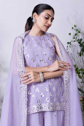 Sunita Bhandari Purple Viscose, Organza Mirrors, Embroidery Round Floral Kurta Sharara Set at Aza Fashions Sunita Bhandari_Purple Viscose, Organza Mirrors, Embroidery Round Floral Kurta Sharara Set _at_Aza_Fashions