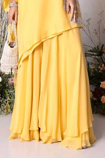 Sunita Bhandari Yellow Viscose Embroidery, Sequins Asymmetric Hand Kurta Sharara Set Online at Aza Fashions Sunita Bhandari_Yellow Viscose Embroidery, Sequins Asymmetric Hand Kurta Sharara Set _Online_at_Aza_Fashions