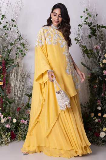 Buy_Sunita Bhandari_Yellow Viscose Embroidery, Sequins Asymmetric Hand Kurta Sharara Set _Online_at_Aza_Fashions
