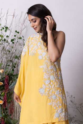 Shop_Sunita Bhandari_Yellow Viscose Embroidery, Sequins Asymmetric Hand Kurta Sharara Set _Online_at_Aza_Fashions