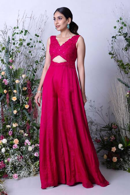 Sunita Bhandari_Pink Linen, Satin Sequins, Embroidery V-neck Hand Bodice Jumpsuit _Online_at_Aza_Fashions
