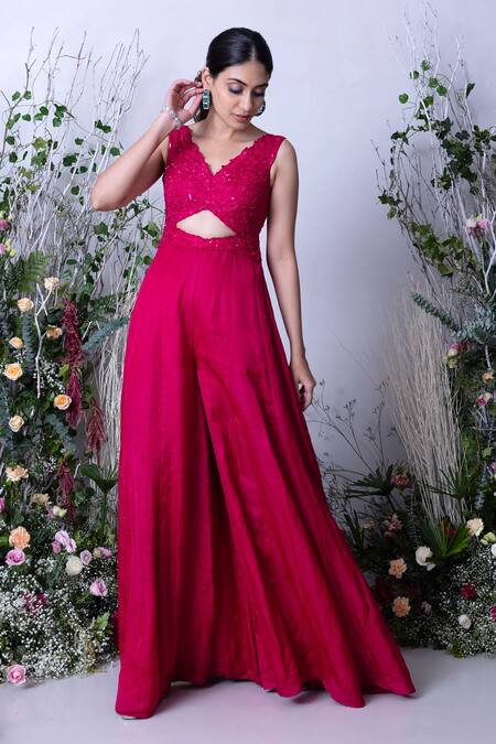 Buy_Sunita Bhandari_Pink Linen, Satin Sequins, Embroidery V-neck Hand Bodice Jumpsuit _Online_at_Aza_Fashions