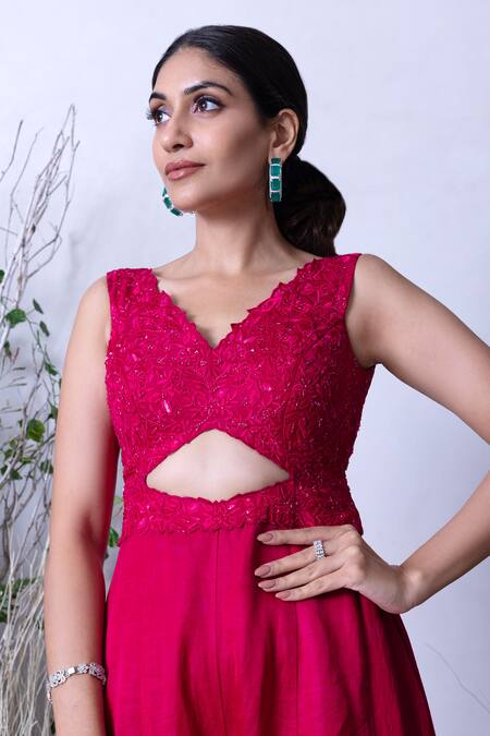 Shop_Sunita Bhandari_Pink Linen, Satin Sequins, Embroidery V-neck Hand Bodice Jumpsuit _Online_at_Aza_Fashions