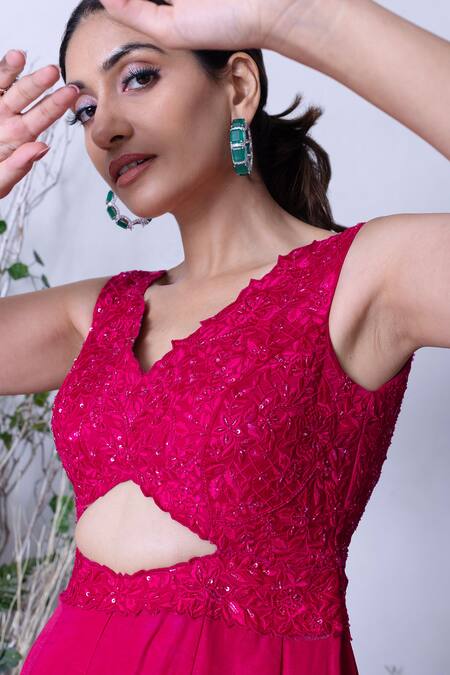 Sunita Bhandari_Pink Linen, Satin Sequins, Embroidery V-neck Hand Bodice Jumpsuit _at_Aza_Fashions